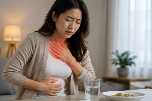 Woman with acid reflux symptoms experiencing chest and stomach discomfort